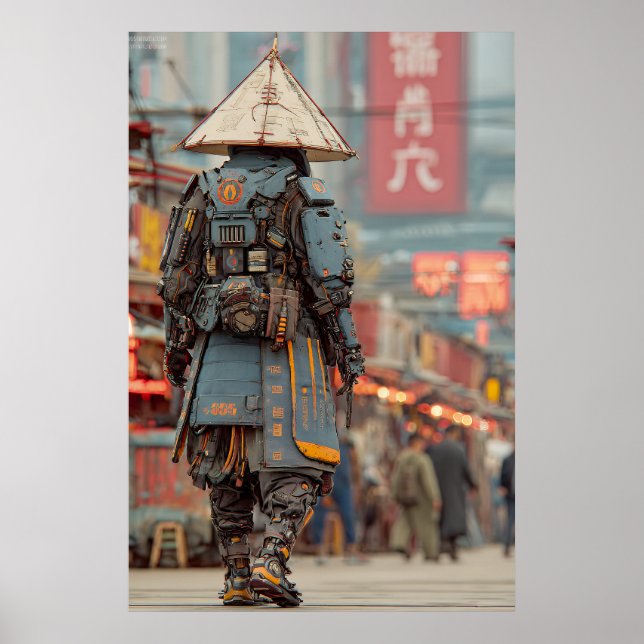 Cyberpunk Samuraj Mecha Konisk Hatt Poster (Framsidan)