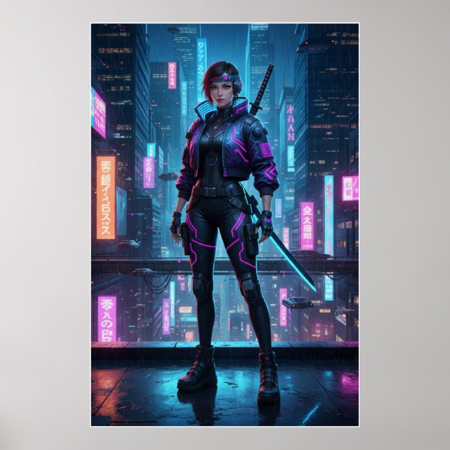 Cyberpunk Samurajflicka | Neon Stadskrigarpostare Poster (Framsidan)