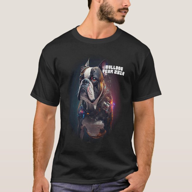 Cyberpunk Sci fi Dog Bulldog Artificial Intelligen T Shirt (Framsida)