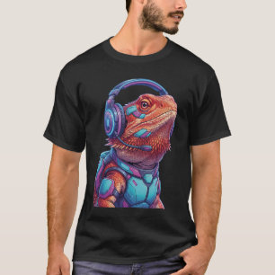 Cyberpunk Skäggig Drak Gamer Neon Ödla T Shirt