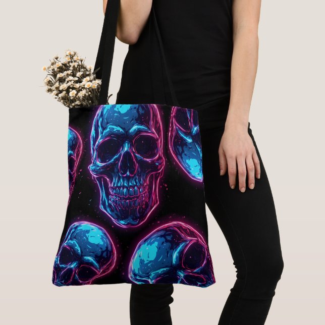 Cyberpunk Skalle Neon Synthwave Glöd Gamer Goth Tygkasse (Närbild)