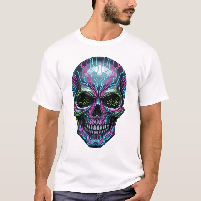 Cyberpunk Skeleton T-Shirt – Futuristic Neon Skull (Framsida)