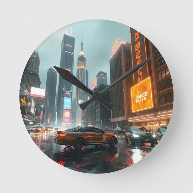 Cyberpunk Skyscrapper City Cars Rund Klocka (Framsida)