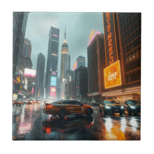 Cyberpunk Skyskrapare Stad Bilar Kakelplatta