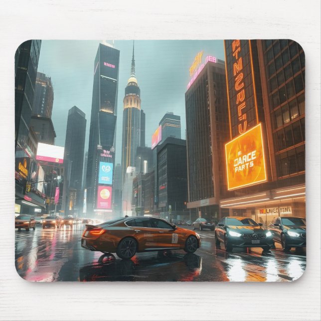 Cyberpunk Skyskrapare Stad Bilar Musmatta (Framsidan)
