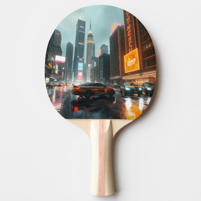 Cyberpunk Skyskrapare Stad Bilar Pingisracket (Framsidan)