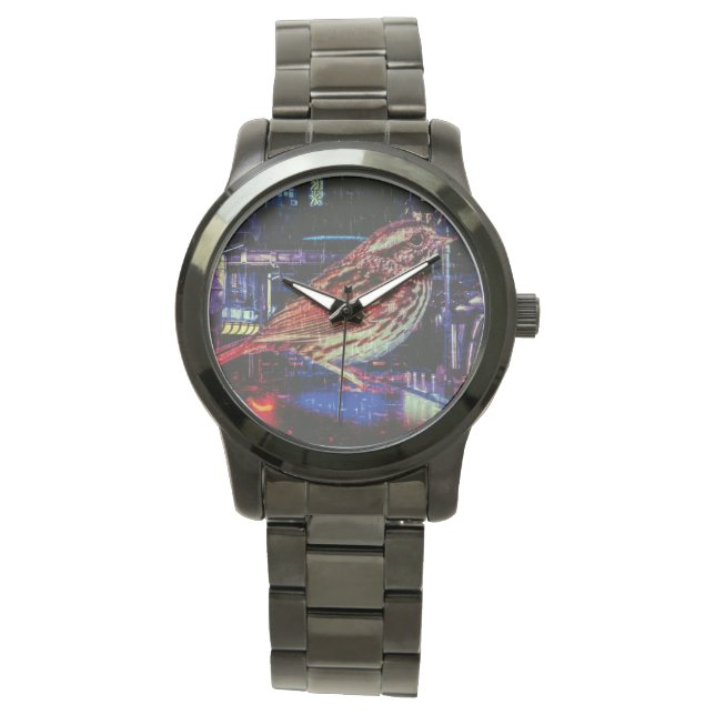 Cyberpunk Sparrow i Neon Cityscape Armbandsur (Framsida)