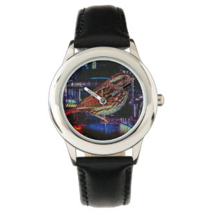 Cyberpunk Sparrow i Neon Cityscape Armbandsur