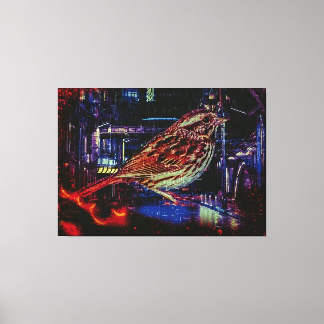 Cyberpunk Sparrow i Neon Cityscape Canvastryck (Framsida)