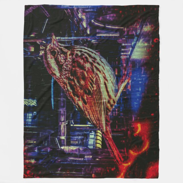 Cyberpunk Sparrow i Neon Cityscape Fleecefilt (Framsidan)