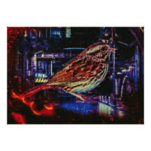 Cyberpunk Sparrow i Neon Cityscape