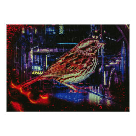 Cyberpunk Sparrow i Neon Cityscape Fototryck