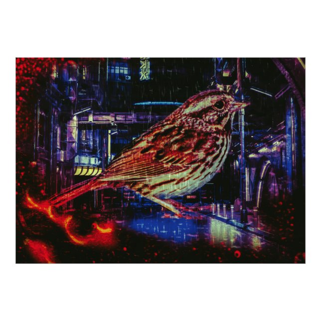 Cyberpunk Sparrow i Neon Cityscape Fototryck (Framsidan)