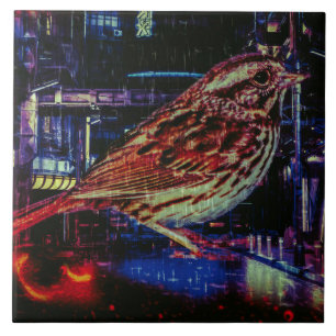 Cyberpunk Sparrow i Neon Cityscape Kakelplatta