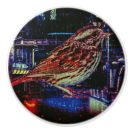 Cyberpunk Sparrow i Neon Cityscape Knopp
