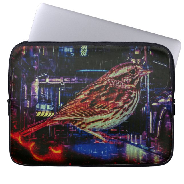 Cyberpunk Sparrow i Neon Cityscape Laptop Fodral (Framsidan)