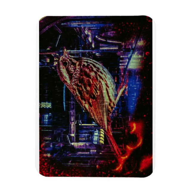 Cyberpunk Sparrow i Neon Cityscape Magnet (Vertikal)