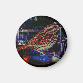 Cyberpunk Sparrow i Neon Cityscape Magnet