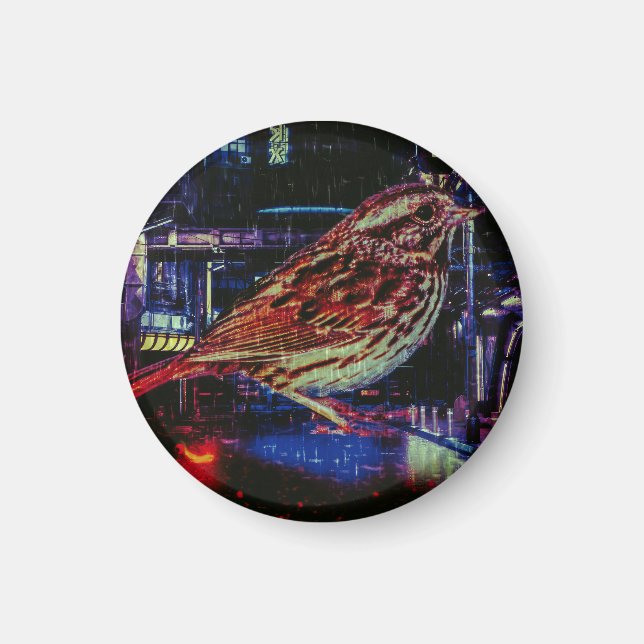 Cyberpunk Sparrow i Neon Cityscape Magnet (Framsidan)