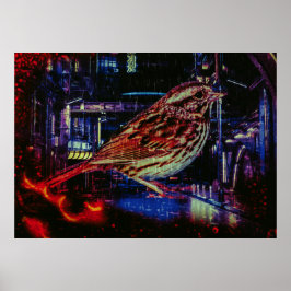 Cyberpunk Sparrow i Neon Cityscape Poster