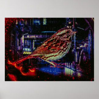 Cyberpunk Sparrow i Neon Cityscape Poster