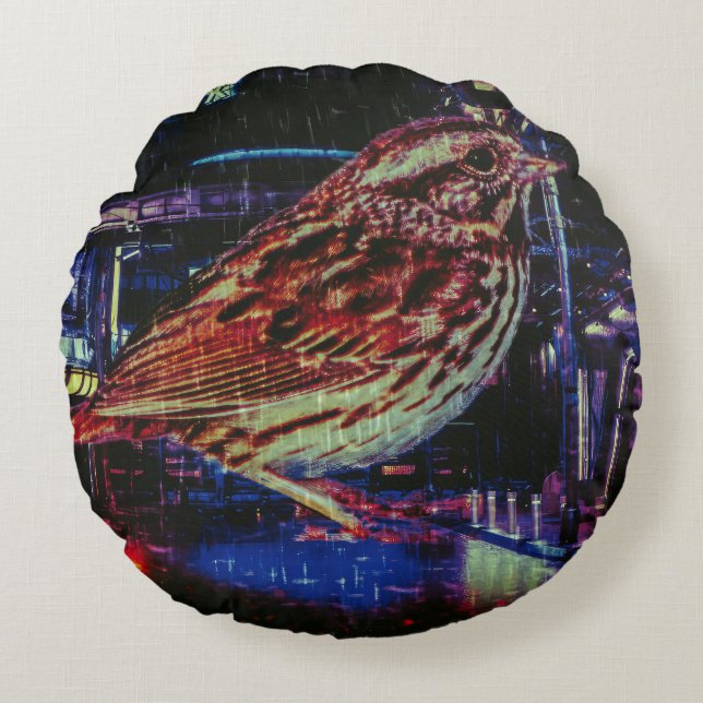 Cyberpunk Sparrow i Neon Cityscape Rund Kudde (Framsidan)