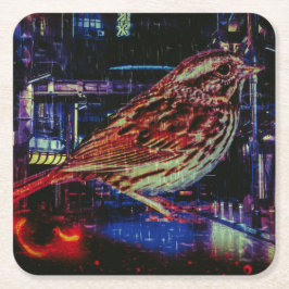 Cyberpunk Sparrow i Neon Cityscape Underlägg Papper Kvadrat