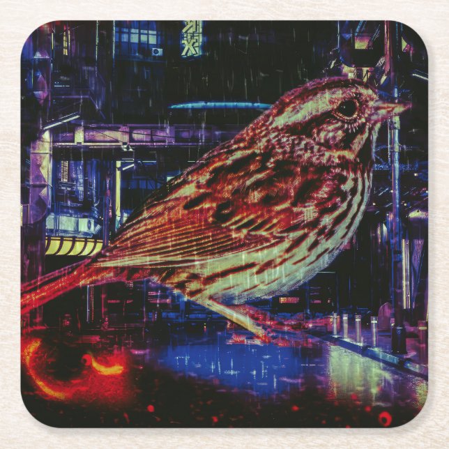 Cyberpunk Sparrow i Neon Cityscape Underlägg Papper Kvadrat (Framsidan)