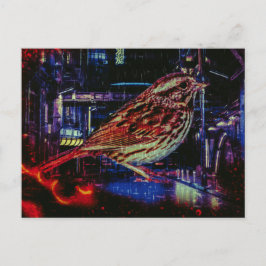 Cyberpunk Sparrow i Neon Cityscape Vykort
