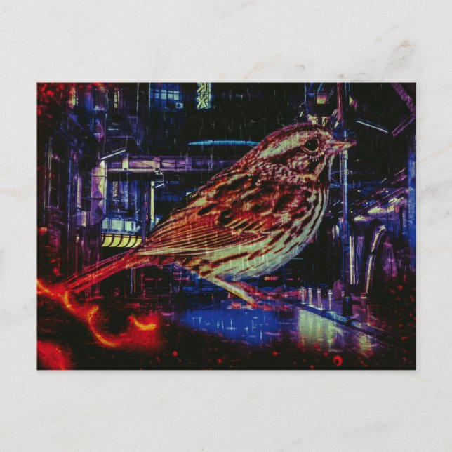 Cyberpunk Sparrow i Neon Cityscape Vykort (Framsida)