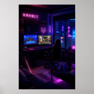 Cyberpunk Spelinställning Neon Rumsestetik Konst Poster