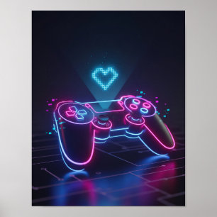 Cyberpunk-spelkontroll – Neon Pixel Heart Poster