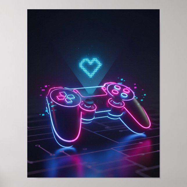 Cyberpunk-spelkontroll – Neon Pixel Heart Poster (Framsidan)