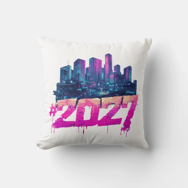 Cyberpunk Stadssiluett 2027 Neon Graffiti Kudde (Framsida)