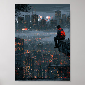 Cyberpunk Stadssiluett av en ensam figur  Poster