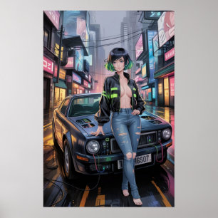 Cyberpunk Street Racer - Futuristiska Anime Girl & Poster