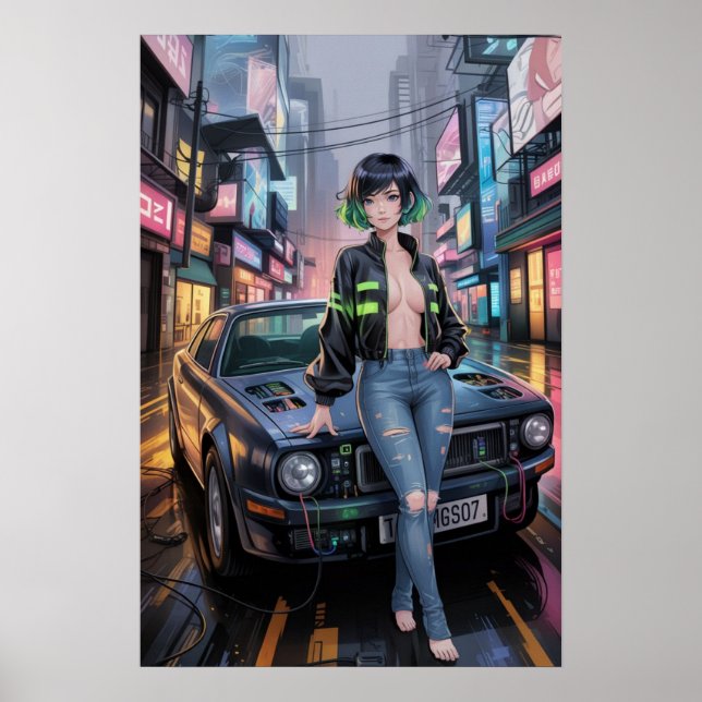 Cyberpunk Street Racer - Futuristiska Anime Girl & Poster (Framsidan)