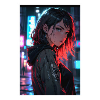 Cyberpunk Streetwear Anime Tjej Neon Natt Stad Ar Fototryck