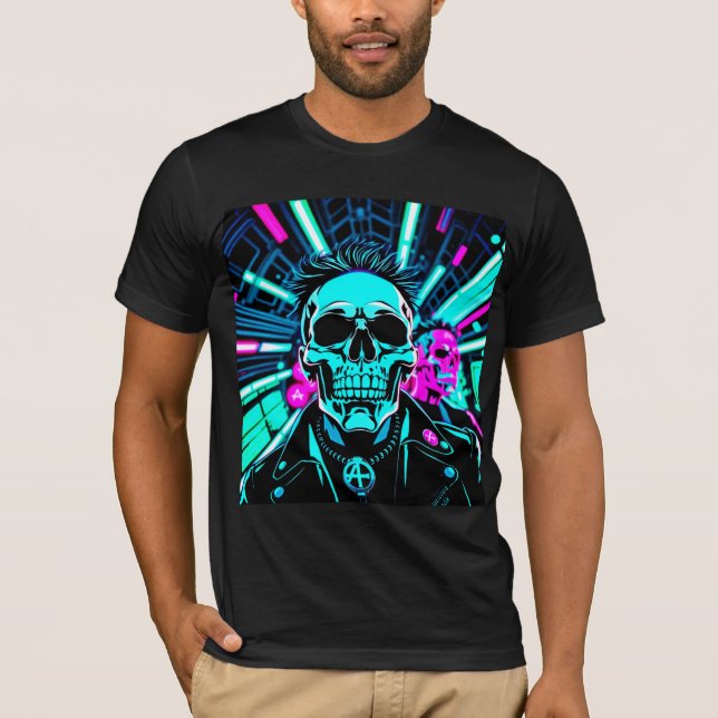 Cyberpunk Synthwave Skalle Neon T-Shirt (Framsida)
