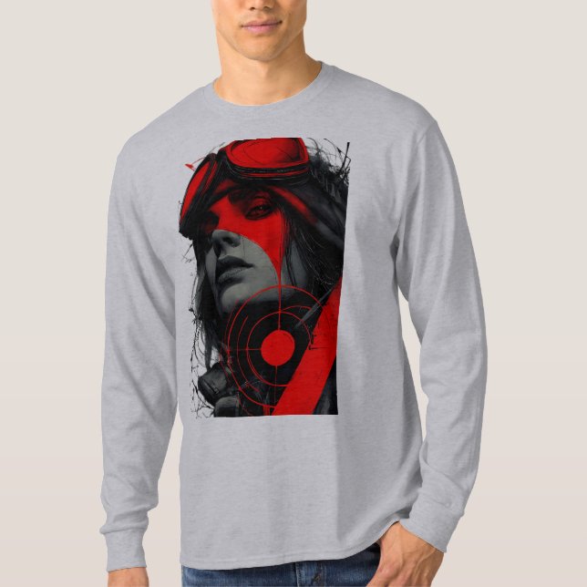 Cyberpunk taktisk flicka rött mål långärmad t shirt (Framsida)