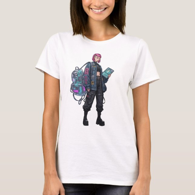 Cyberpunk Tech Tjej med Rosa Hår Affisch   T Shirt (Framsida)