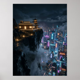 Cyberpunk tempel över neonstaden poster