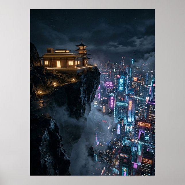 Cyberpunk Temple Over Neon City Poster (Framsidan)
