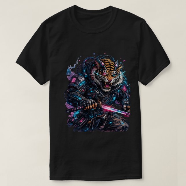 Cyberpunk Tiger Samurai Futuristisk Katana T-shirt (Design framsida)