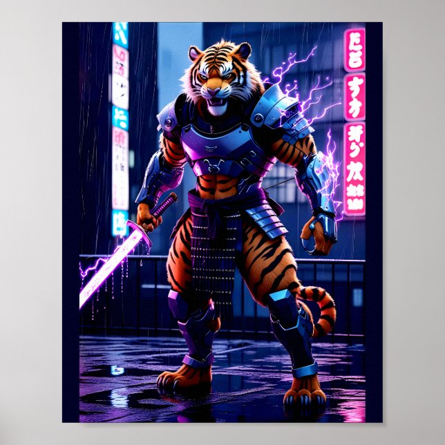 Cyberpunk Tiger Samurai Poster (Framsidan)