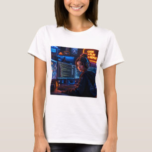 Cyberpunk Tjej Kodare T-Shirt - Neon Spel Aestetik