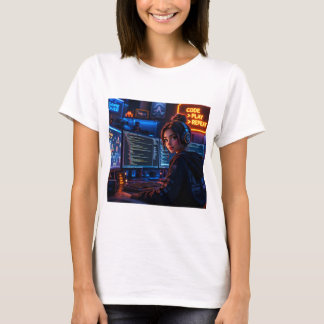 Cyberpunk Tjej Kodare T-Shirt - Neon Spel Aestetik