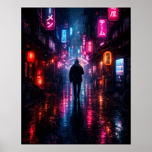 Cyberpunk Tokyo Regn Gränd Neon Japanska Poster (Framsidan)