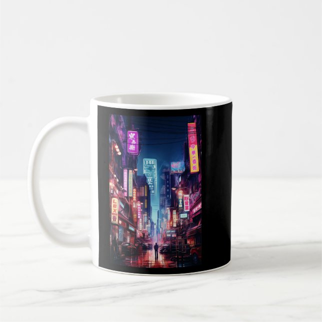 Cyberpunk Tokyo Street Neon Light Kaffemugg (Vänster)