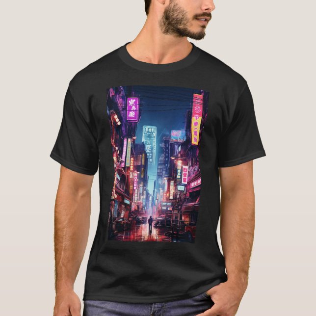 Cyberpunk Tokyo Street Neon Light T Shirt (Framsida)